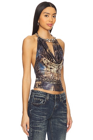 Jaded London Draped Top With Chunky Neck Trim in Brown