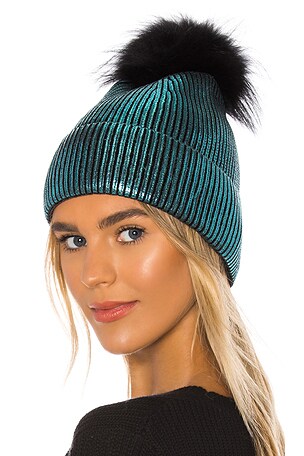 jocelyn Metallic Silver Fox Fur Pom Beanie in Teal Metallic  display picture 1