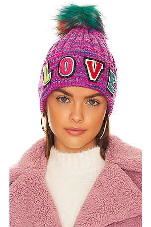 Jocelyn Gold Beanie With Pink Fur Pom Pom NWT Jocelyn Faux Fur Pom Rose Gold Metallic Ombre Knit Hat  main image 2