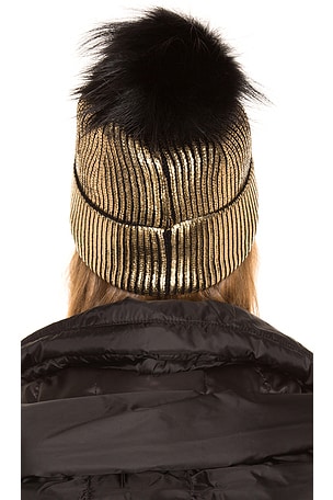 jocelyn Fox Fur Pom Beanie in Metallic Gold