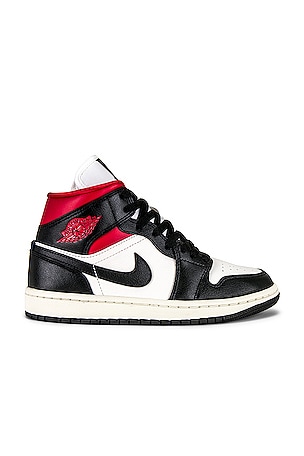 Air Jordan 1 Mid Sneaker in Black, Sail, & Gym Red Jordan