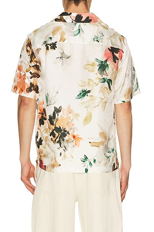 SIMKHAI Casper Printed Silk Shirt in Beige. Size S. Also