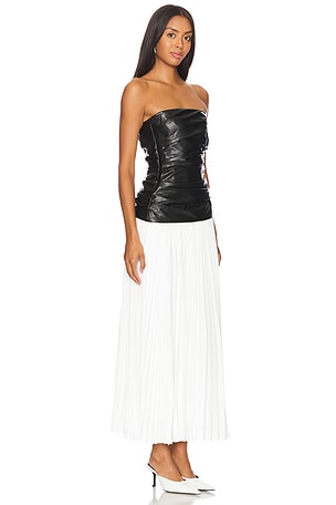 SIMKHAI Arie Faux Leather Bustier Midi Dress in Black,White