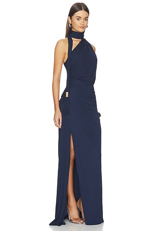SIMKHAI Moira Draped Jersey Gown in Navy
