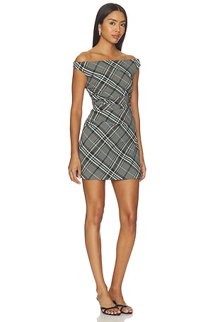 SIMKHAI Wells Off-shoulder Mini Dress in Everglade Plaid