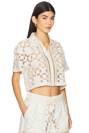 SIMKHAI Makaia Cropped Short Sleeve Button Down Shirt in Ivory
