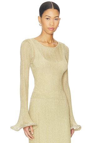 SIMKHAI Maebry Long Sleeve Crewneck Top in Metallic Gold, yellow