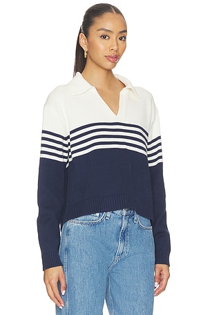 SIMKHAI Jules Knit Polo in White,Navy