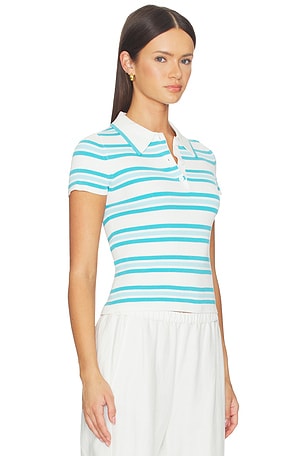 SIMKHAI Luka Striped Cotton Polo in White,Teal