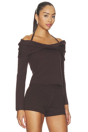 SIMKHAI Cambria Long Sleeve Off Shoulder Top in Chocolate