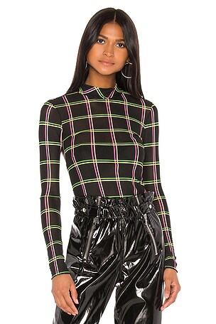 SIMKHAI x REVOLVE Longsleeved Ruched Top in Black Windowpane Mesh | REVOLVE