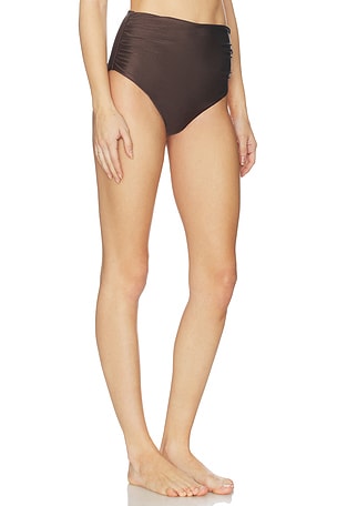 SIMKHAI Teya High Waisted Ruched Bikini Bottom in Chocolate