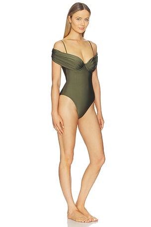 SIMKHAI Calix Draped Bustier Cup One Piece Swimsuit in Olive