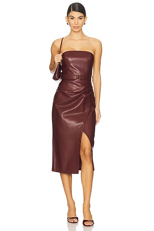 Samantha Strapless Faux Leather Midi Dress Karina Grimaldi
