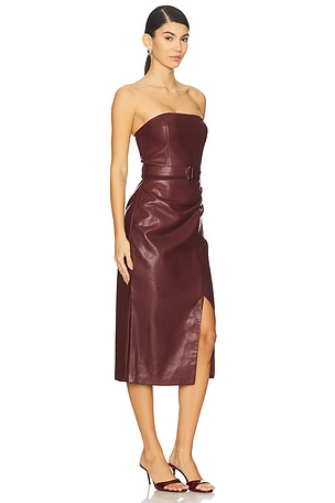Karina Grimaldi Samantha Strapless Faux Leather Midi Dress in Burgundy