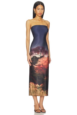 Katie May Enigma Strapless Slim Midi Dress in Navy,Orange. Size XXS. Also