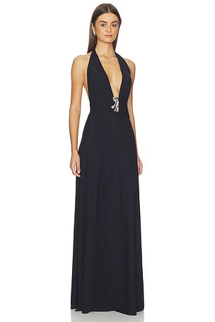 Kate Barton Plunge Neckline Mesh Halter Dress in Navy