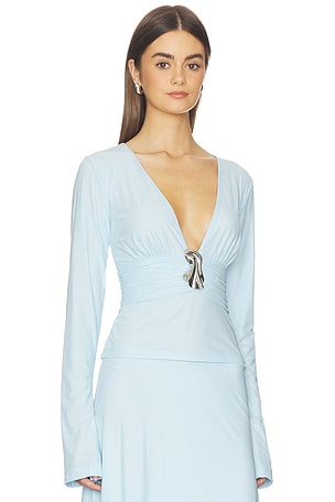Kate Barton Plunging V Flared Sleeve Top in Baby Blue