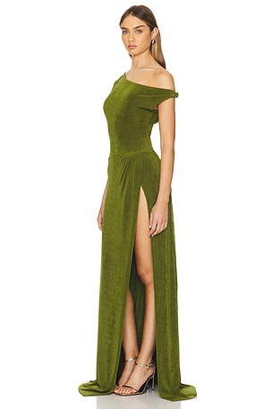 Khanums Slinky Off The Shoulder Maxi Dress in Green