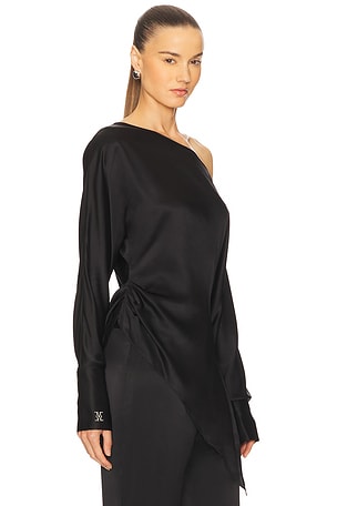 Kiki de Montparnasse Off Shoulder Monogram Silk Top in Black