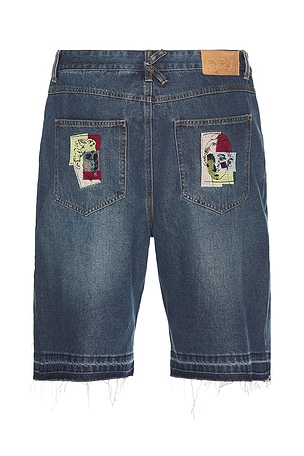 KidSuper Boy & Girl Doodles Patchwork Baggy Shorts in Blue