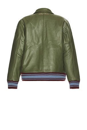 KidSuper Patchwork Face Leather Varsity Jacket in Army
