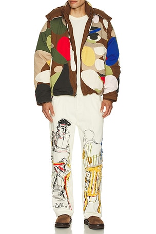 KidSuper Patchworked Face Down Puffer Jacket in Brown