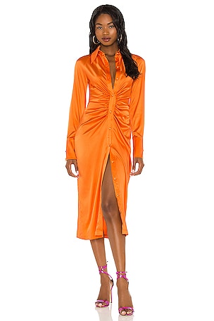 orange satin shirt dress Monki satin belted midi shirt dress in orange