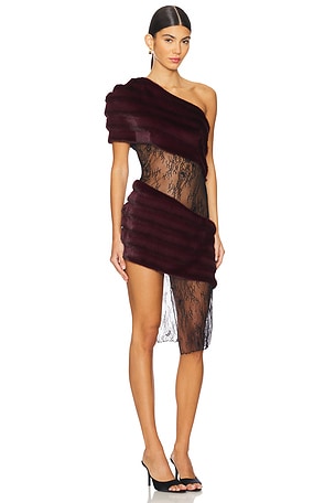 Kim Shui Aubergine Faux Fur Combo Dress in Burgundy