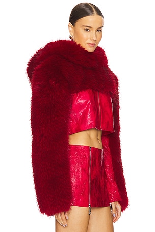 Kim Shui Cropped Faux Fur Hoodie Jacket in Red