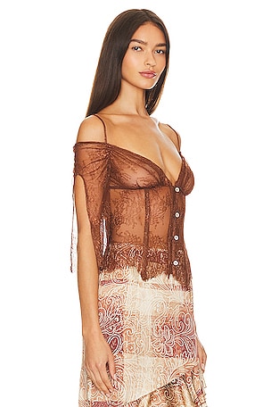 Kim Shui Lace Off Shoulder Top in Brown