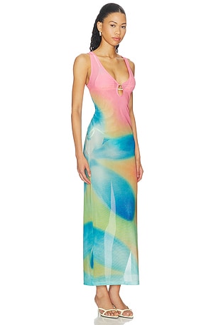 Kulani Kinis Plunge Mesh Maxi Dress in Pink/Teal