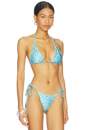 Kulani Kinis Decorative Bind Halter Bikini Top in Blue,White. Size XS. Also