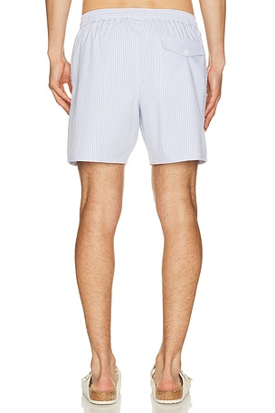 Lacoste Mid Length Striped Textured Swim Trunk in White & Aphylla in Blue