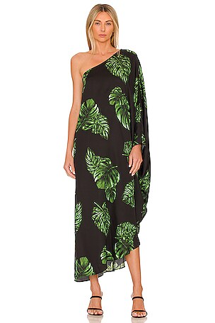 L'AGENCE Selena One Shoulder Dress in Black & Tropical Green Multi | REVOLVE