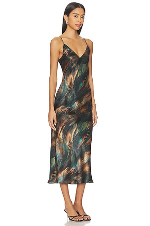 L'AGENCE Seridie Midi Slip Dress in Brown,Teal