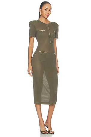 L'AGENCE Mel Short Sleeve Open Stitch Midi Dress in Green