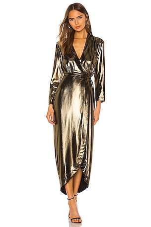 L'AGENCE Reliah Long Sleeve Wrap Dress in Gold & Black | REVOLVE