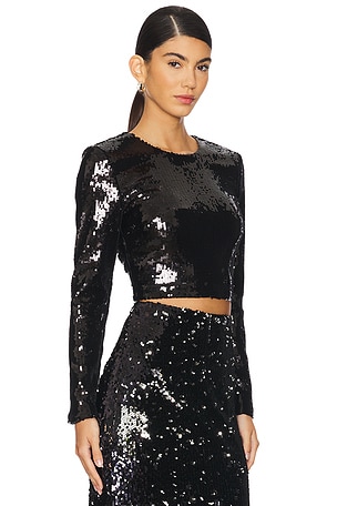 L'AGENCE Rogan Crop Sequin Long Sleeve Top in Black