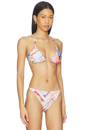 L'AGENCE Kristin Postcard Print Bikini Tri Slider Bra in Blush