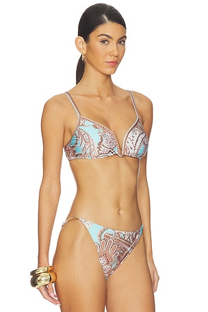 L'AGENCE Alisha Over The Shoulder Bikini Top in Blue,Brown