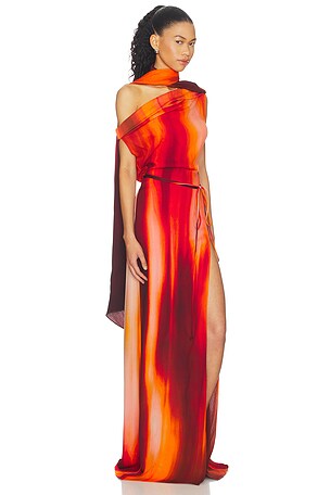 LaQuan Smith Asymmetrical Draped Dress With Scarf in Burnt Orange