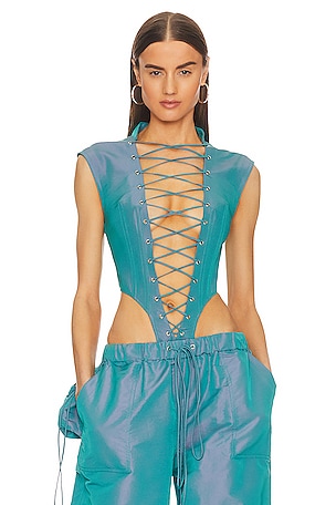 LaQuan Smith Keyhole Bodysuit With Ruched Neck Detail in Stone
