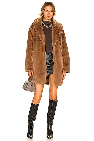Faux Fur PU Leather Belted Coat in Brown - Retro, Indie and Unique Fashion