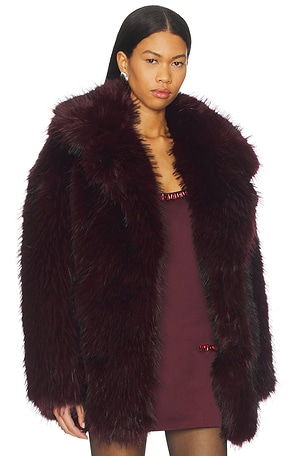 LAMARQUE Finaya Faux Fur Trench Coat in Burgundy. Size XS. Also