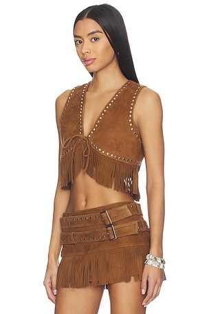 LAMARQUE Reina Fringed Suede Vest in Cognac