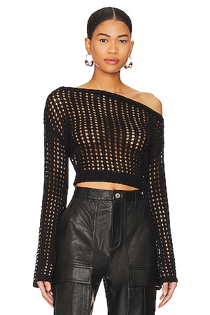 L'Academie Odilie Crochet Off Shoulder Sweater in Black | REVOLVE