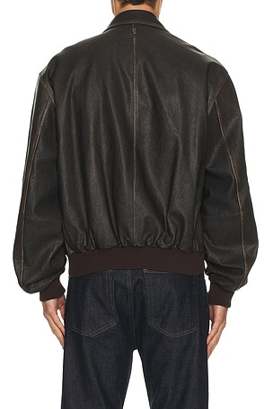 Le17Septembre Distressed Leather Bomber Jacket in Brown. Size 52. Also