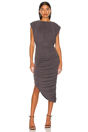 Line & Dot Desiree Ruched Midi Dress in Charcoal | REVOLVE Line & Dot Desiree Ruched Midi Dress in Charcoal | REVOLVE