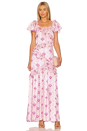 Needle & thread tiered floral maxi dress with contrast clearance waistband in rose quartz